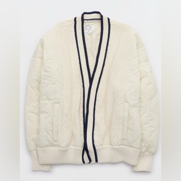Offline by Aerie Quilted Knit Cardigan Puffer Cream Navy Oversized Sweater Cozy - Picture 2 of 12